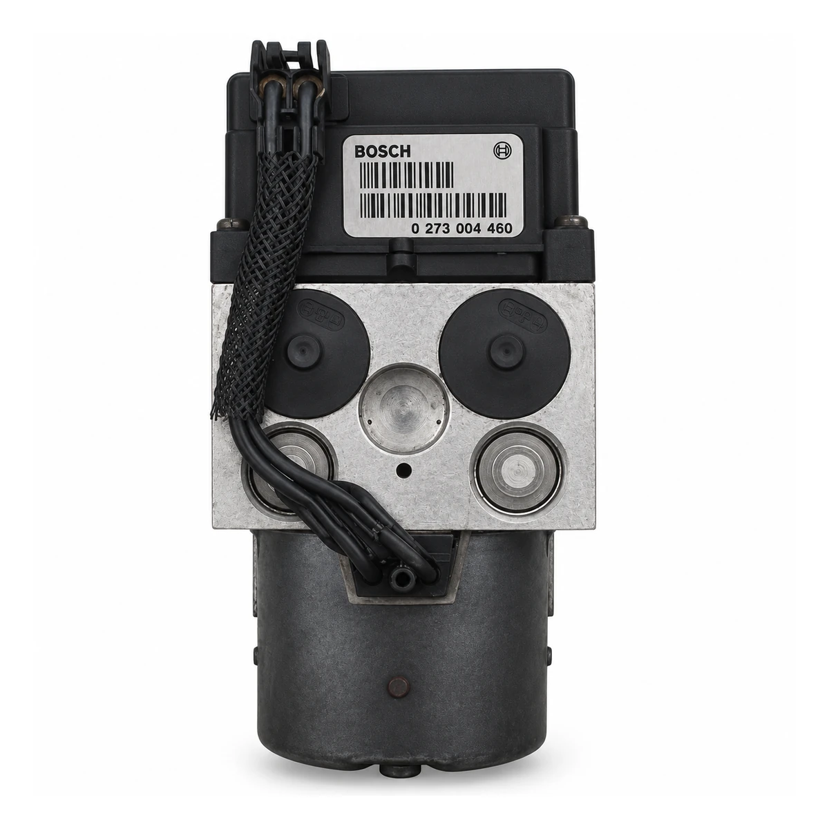 Modul ABS Renault Bosch 0273004460 — 0 273 004 460 — auf seiner Hydraulikeinheit mit Motor und Kabelbaum abgebildet