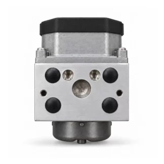 Block ABS Bosch — metal upper section, a short motor and four small bores — faithful illustration of the outer housing