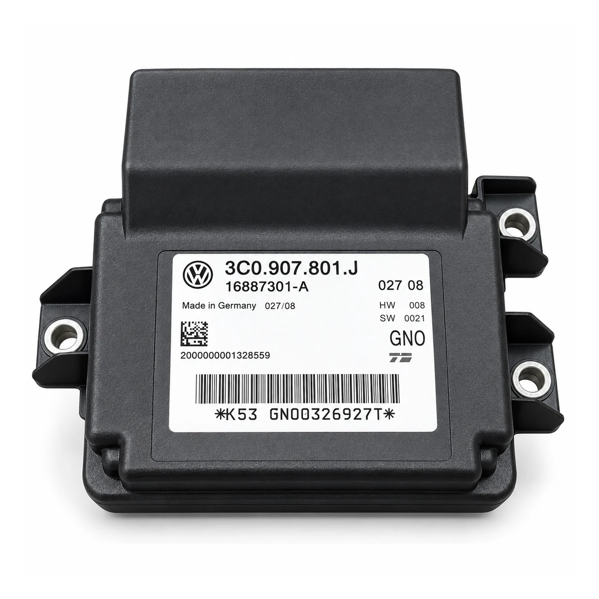 Illustration du module de frein de stationnement Volkswagen 3C0907801J / TRW 16887301A, boîtier noir à trois fixations sur fond blanc.